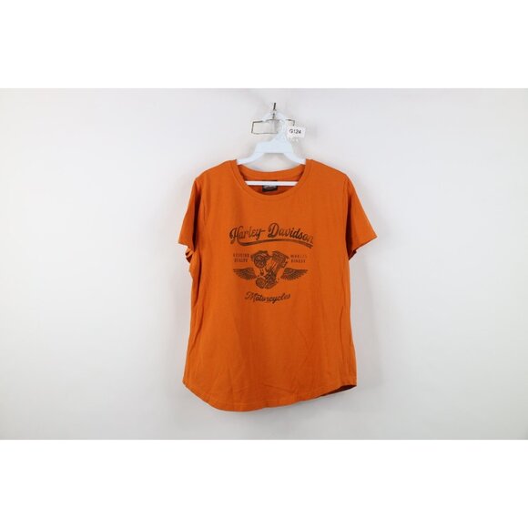 Harley Davidson Womens Medium Faded Spell Out Script Motorcycle T-Shirt Orange - Picture 1 of 16